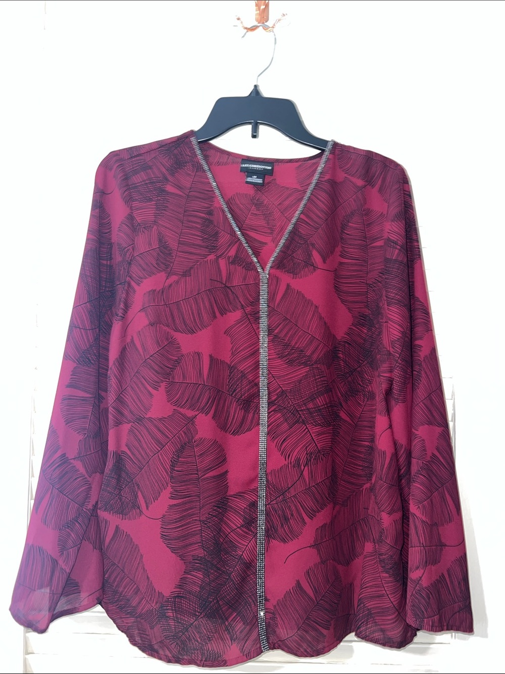 Burgundy Blouse with Black Leaf Print